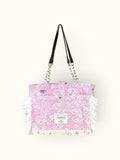 Bolsa Katrin Arabesque Rosa com Alças de Corrente e Couro Marrom Escuro