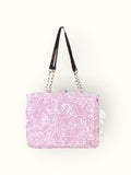 Bolsa Katrin Arabesque Rosa com Alças de Corrente e Couro Marrom Escuro