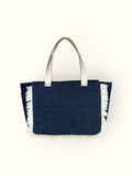 Bolsa Nuna Jeans Preto com Alças de Couro Off White com Zíper