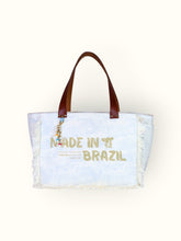 Bolsa Nuna Azul com Alças de Couro Marrom com Zíper