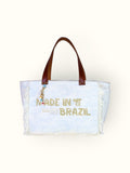 Bolsa Nuna Azul com Alças de Couro Marrom com Zíper