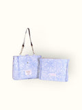 Bolsa Katrin Arabesque Azul com Alças de Corrente e Couro Marrom Escuro