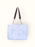 Bolsa Katrin Arabesque Azul com Alças de Corrente e Couro Marrom Escuro