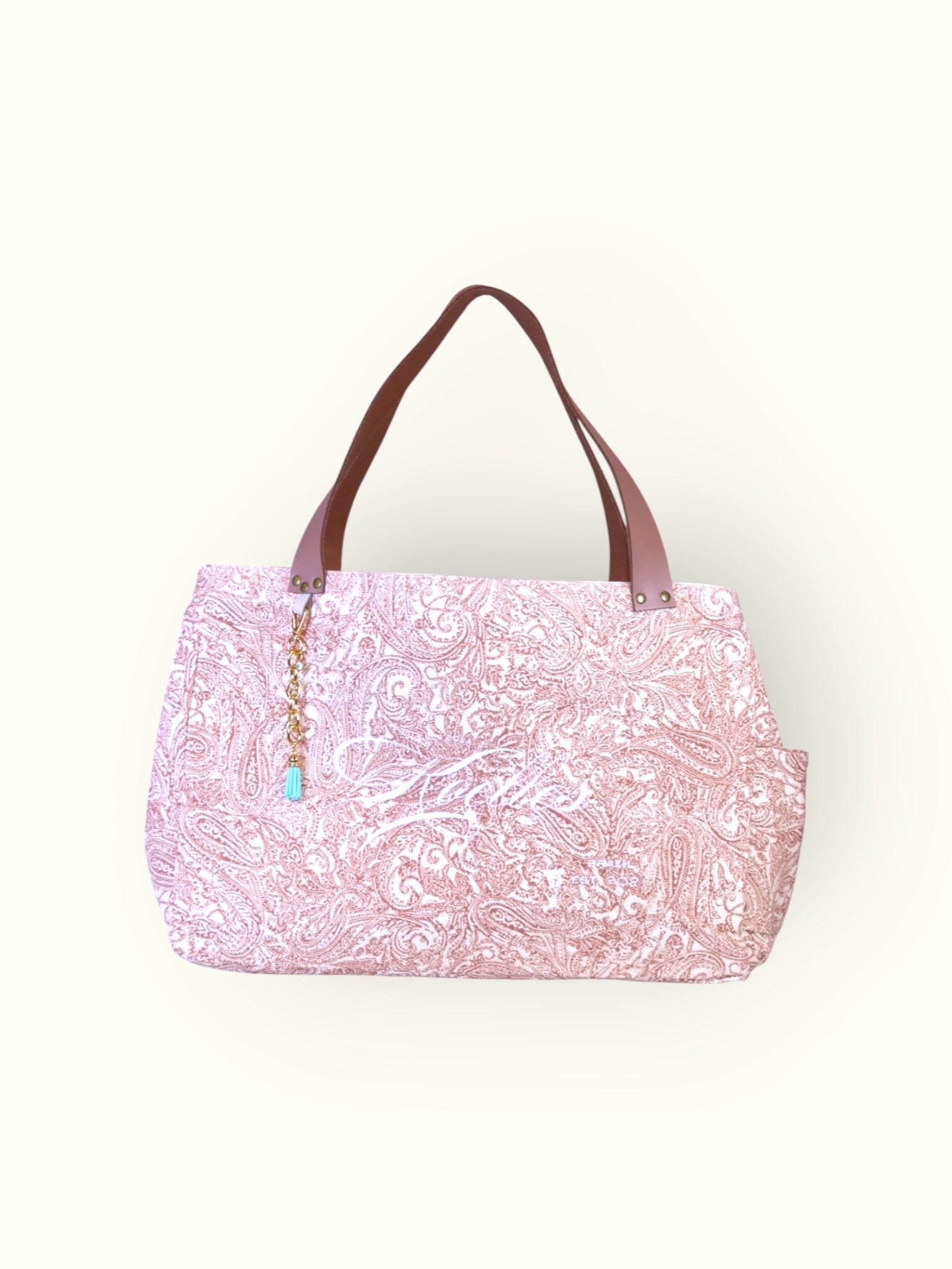 Bolsa Wallow de lona estampa arabesque terracota com alça de couro nude