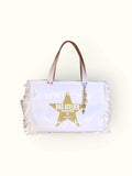 Bolsa Wallow Azul com Alça de Couro Off White com Zíper