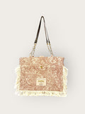 Bolsa Katrin Arabesque Terracota com Alças de Corrente e Couro Marrom Escuro
