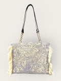 Bolsa Katrin Arabesque Azul com Alças de Corrente e Couro Preto