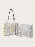 Bolsa Katrin Arabesque Azul com Alças de Corrente e Couro Preto