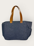 Bolsa Nuna Jeans Preta com Alças de Couro Marrom Café