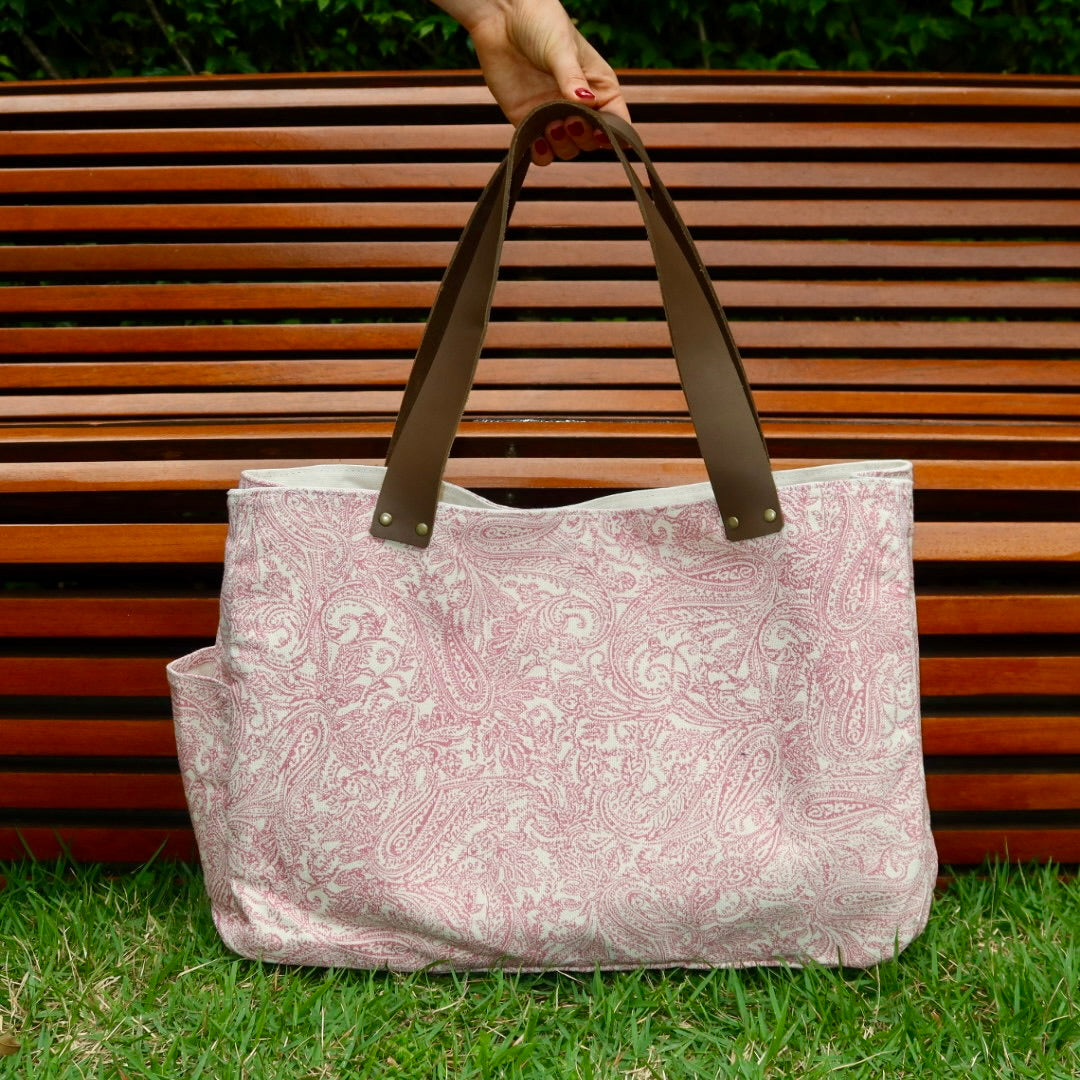 Bolsa Wallow Arabesque Rosa com Alça de Couro Marrom