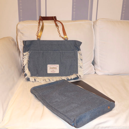 Bolsa Katrin Jeans Claro PET com Alças de Corrente e Couro Marrom e Dourado