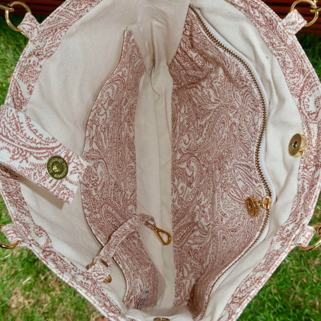 Bolsa Katrin Arabesque Teracota com Alças de Corrente e Couro Bege