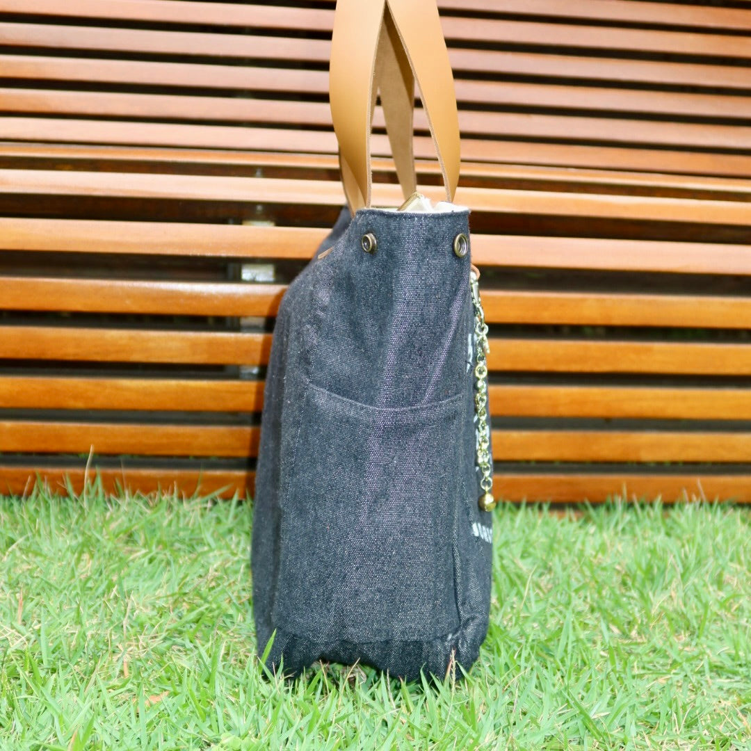 Bolsa Wallow Jeans Preto com Alça de Couro Caramelo com Zíper