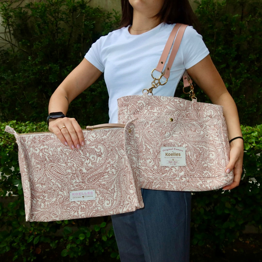 Bolsa Katrin Arabesque Terracota com Alças de Corrente e Couro Rosa Claro