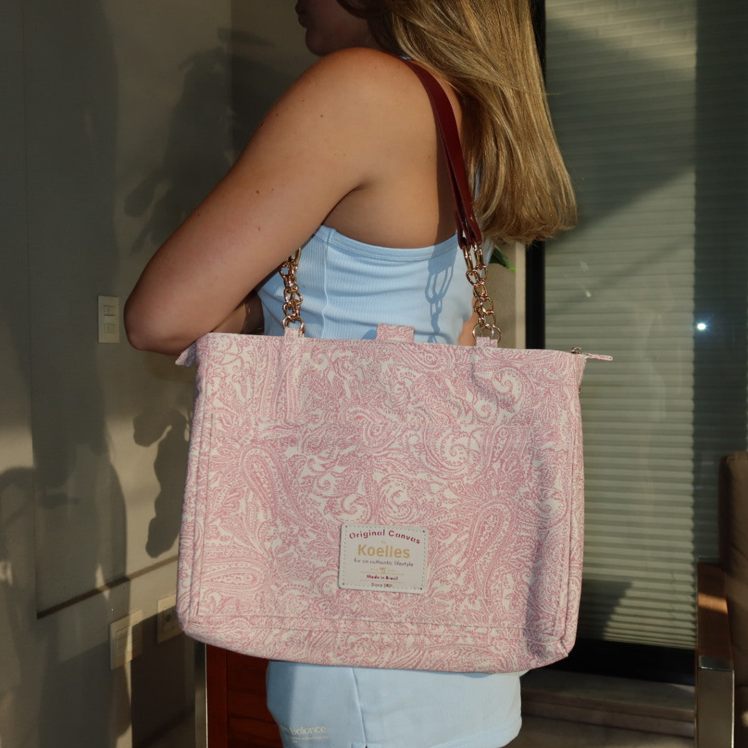 Bolsa Katrin Arabesque Rosa com Alças de Corrente e Couro Vinho