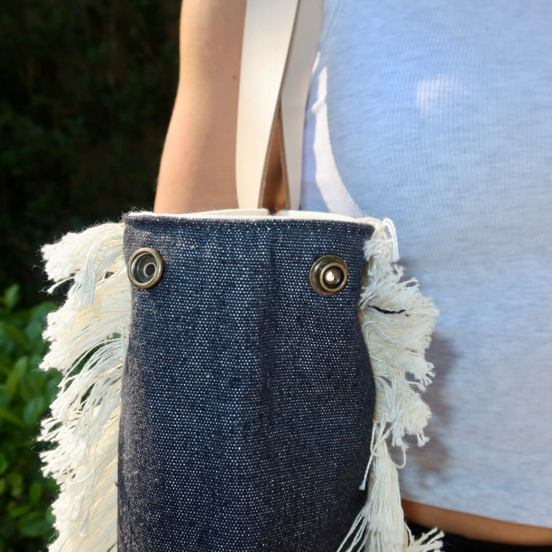 Bolsa Wallow Jeans Escuro com Alça de Couro Off White