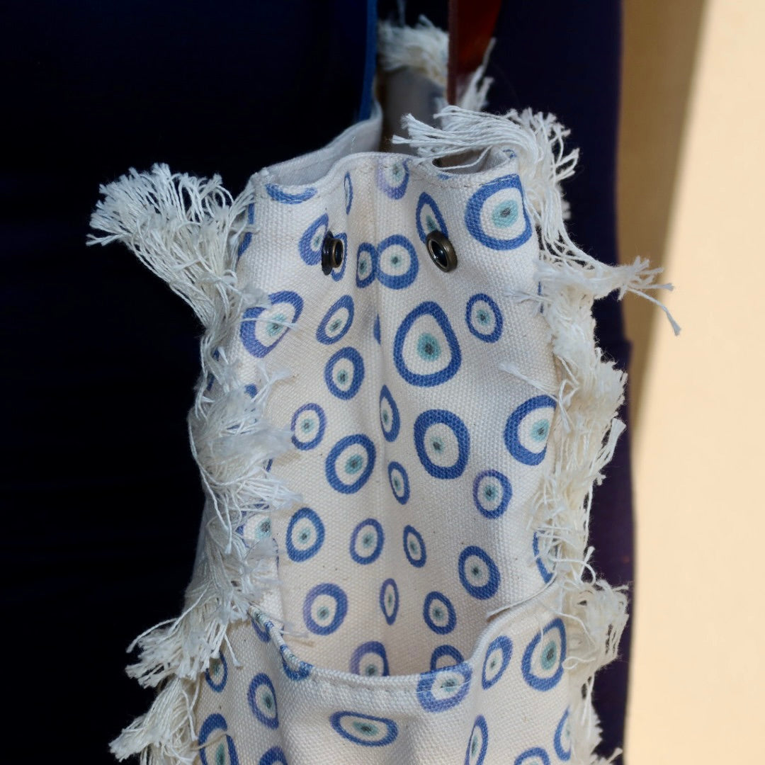 Bolsa Wallow Good Vibes Azul com Alça de Couro Azul e Marrom com Zíper