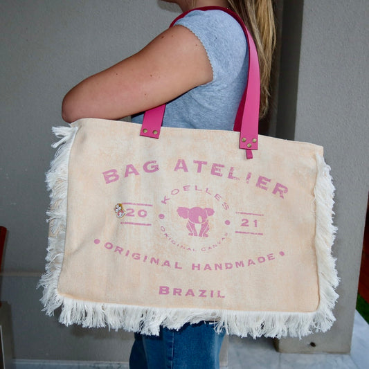 Bolsa Wallow Laranja com Alça de Couro Rosa com Zíper