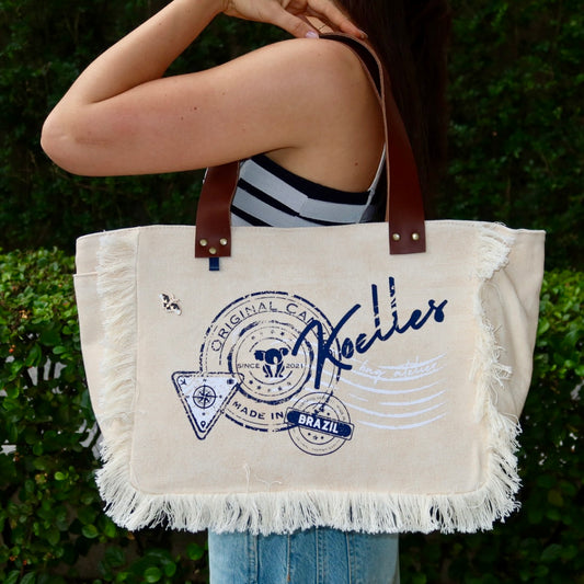 Bolsa Nuna Bege com Alças de Couro Marrom Escuro