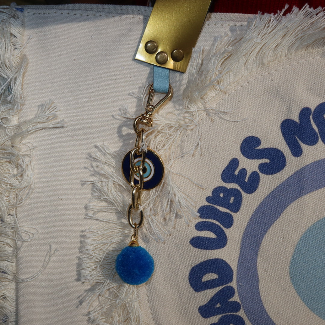 Bolsa Wallow Good Vibes Azul com Alça de Couro Dourado com Zíper
