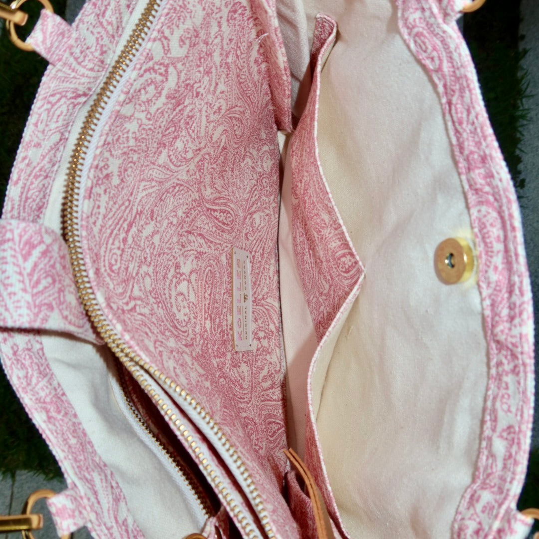 Bolsa Katrin Arabesque Rosa com Alças de Corrente e Couro Marrom