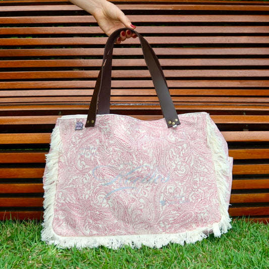 Bolsa Wallow Arabesque Rosa com Alça de Couro Marrom Escuro