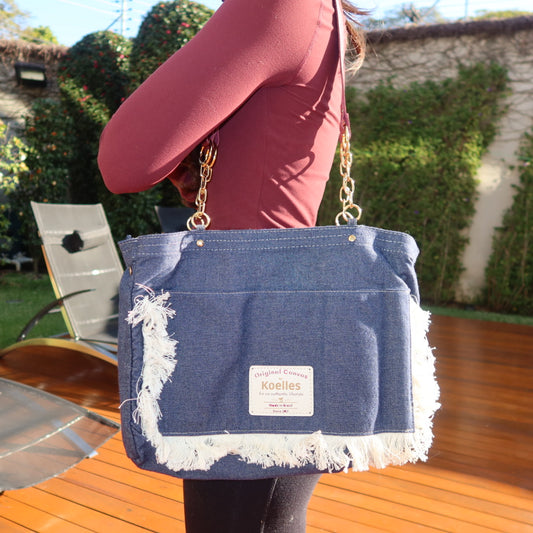 Bolsa Katrin Jeans Escuro com Alças de Corrente e Couro Vinho