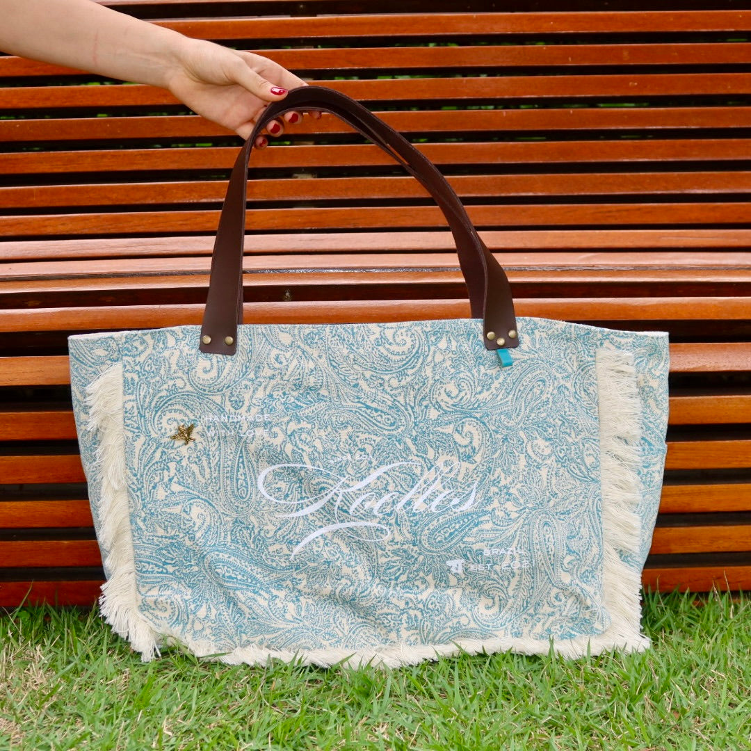 Bolsa Wallow Arabesque Turquesa com Alça de Couro Marrom Escuro com Zíper