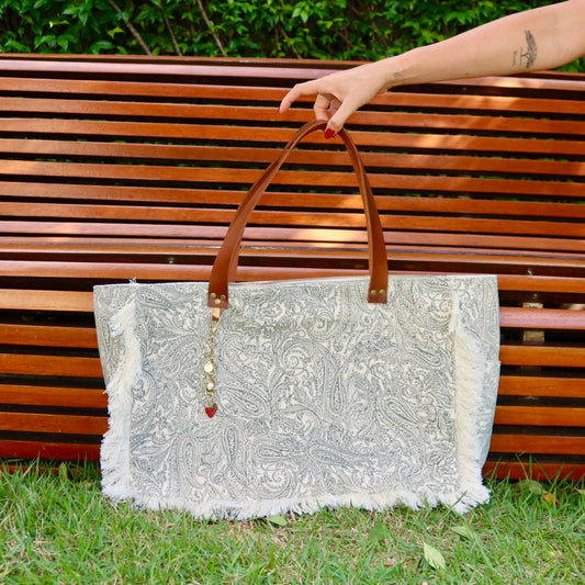 Bolsa Wallow Arabesque Verde com Alça de Couro Marrom com Zíper