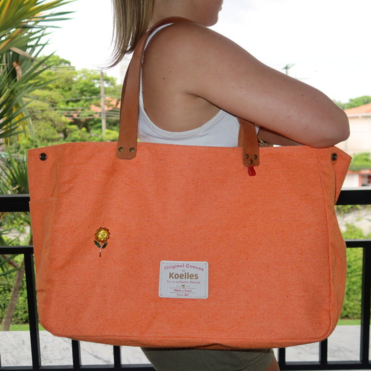 Bolsa Wallow Laranja com Alça de Couro Marrom Claro