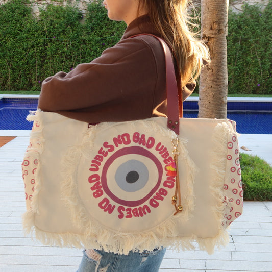 Bolsa Wallow Good Vibes Rosa com Alça de Couro Rosa Escuro e Marrom com Zíper