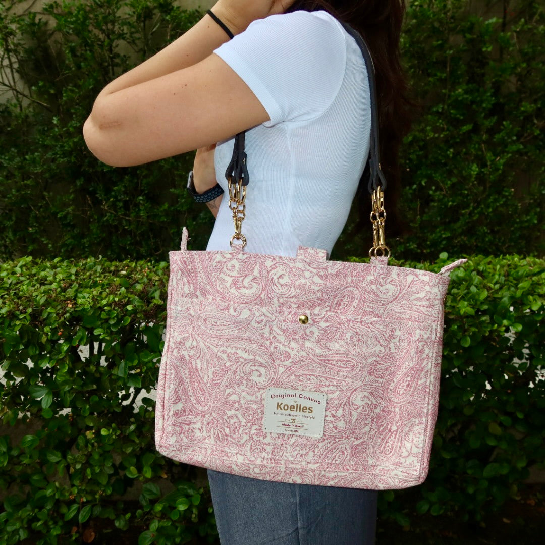 Bolsa Katrin Arabesque Rosa com Alças de Corrente e Couro Marrom Escuro