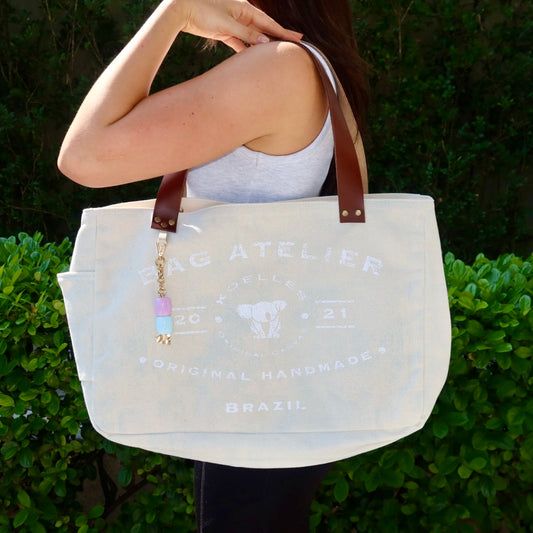 Bolsa Wallow Azul com Alça de Couro Duo Marrom e Off White