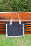 Bolsa Nuna Jeans Preto com Alças de Couro Off White com Zíper