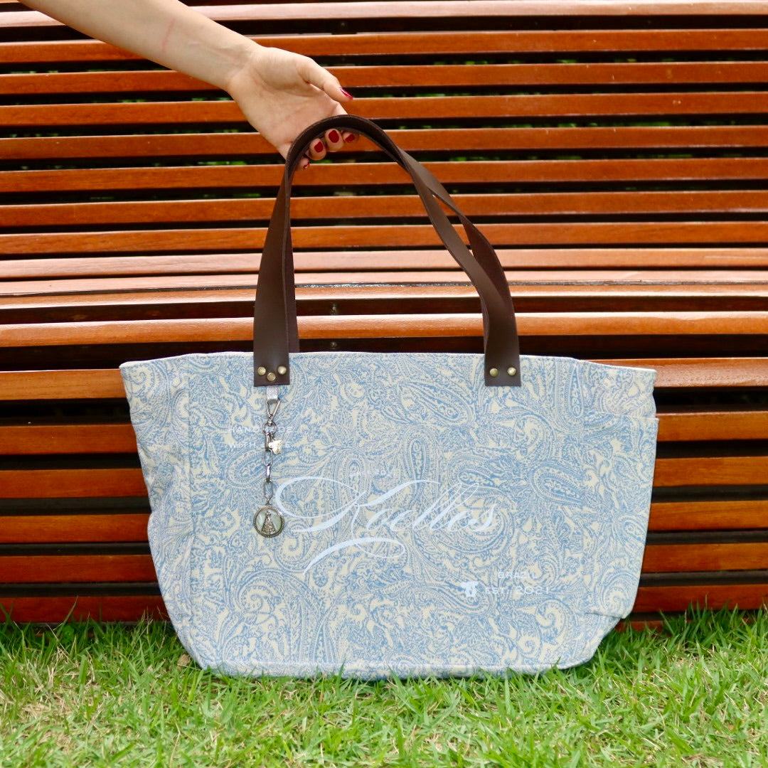 Bolsa Nuna Arabesque Azul com Alças de Couro Marrom Escuro