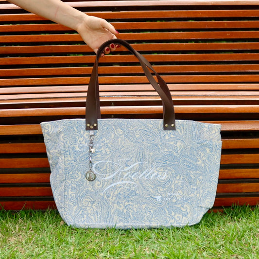 Bolsa Nuna Arabesque Azul com Alças de Couro Marrom Escuro