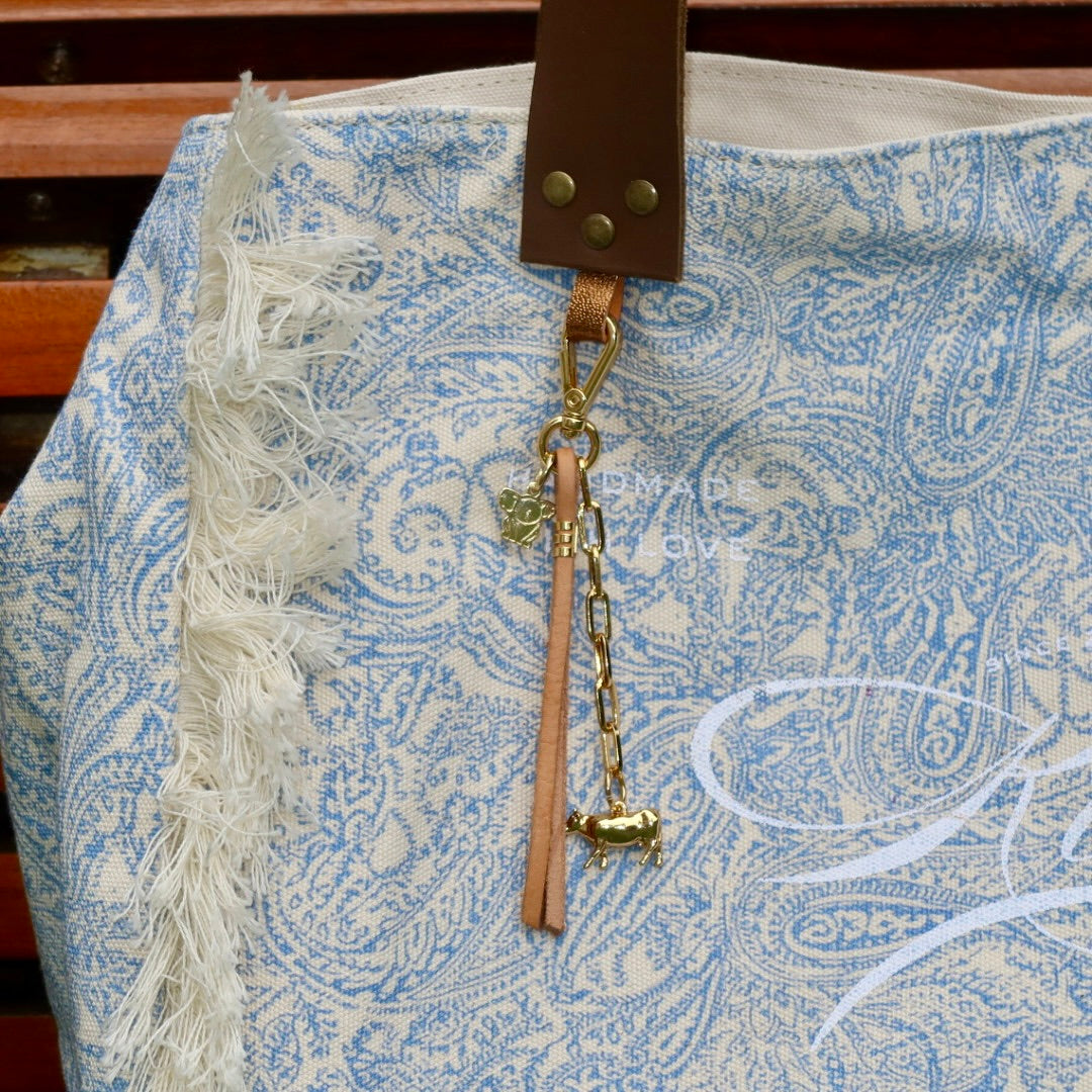 Bolsa Wallow Arabesque Azul com Alça de Couro Marrom