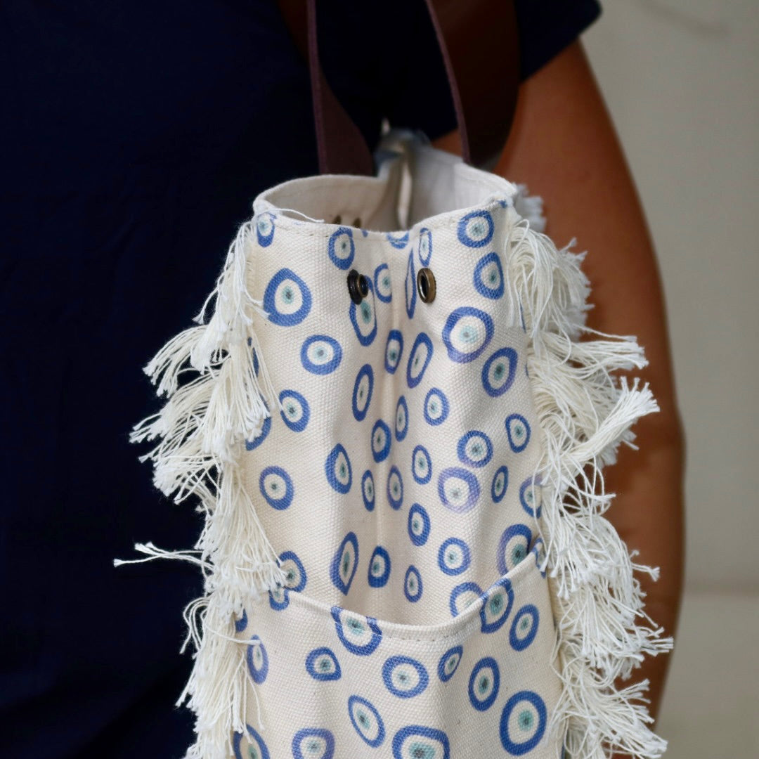 Bolsa Wallow Good Vibes Azul com Alça de Couro Marrom Escuro com Zíper