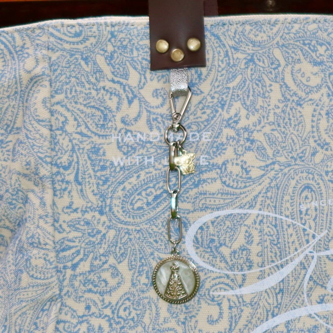 Bolsa Nuna Arabesque Azul com Alças de Couro Marrom Escuro