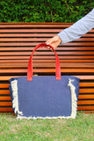 Bolsa Nuna Jeans com Alças de Couro Vermelho com Zíper