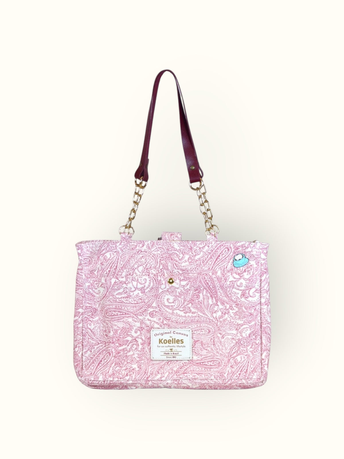 Bolsa Katrin Arabesque Rosa com Alças de Corrente e Couro Vinho