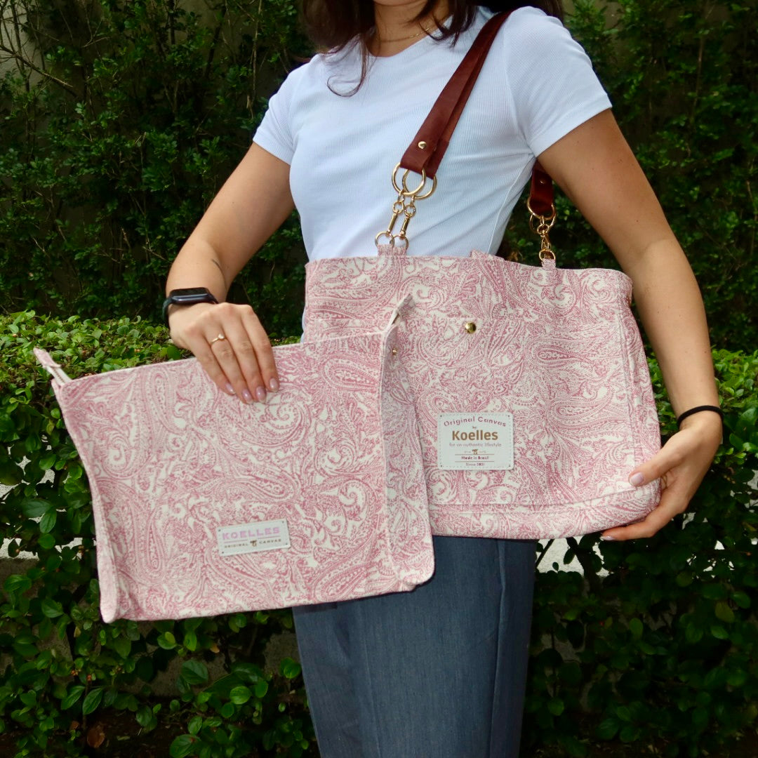 Bolsa Katrin Arabesque Rosa com Alças de Corrente e Couro Marrom