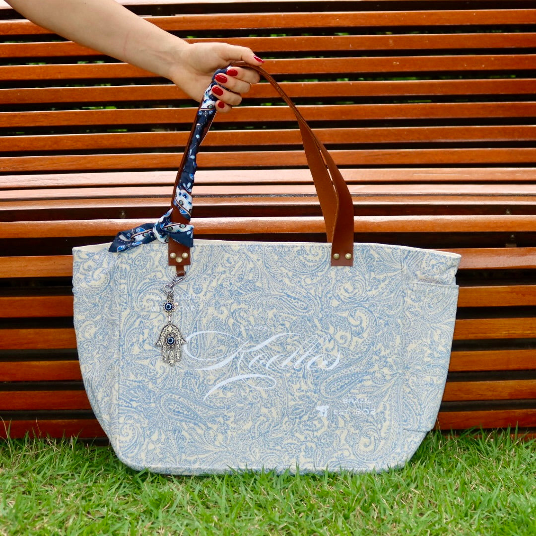 Bolsa Nuna Arabesque Azul com Alças de Couro Marrom