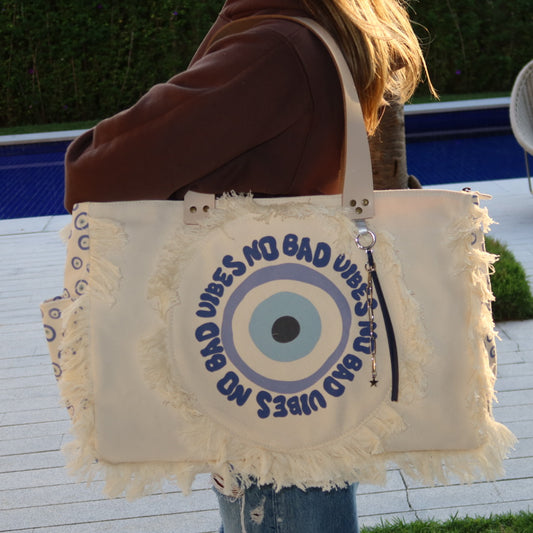 Bolsa Wallow Good Vibes Azul com Alça de Couro Off White com Zíper