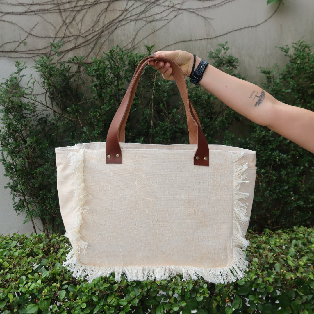 Bolsa Nuna Bege com Alças de Couro Marrom Escuro