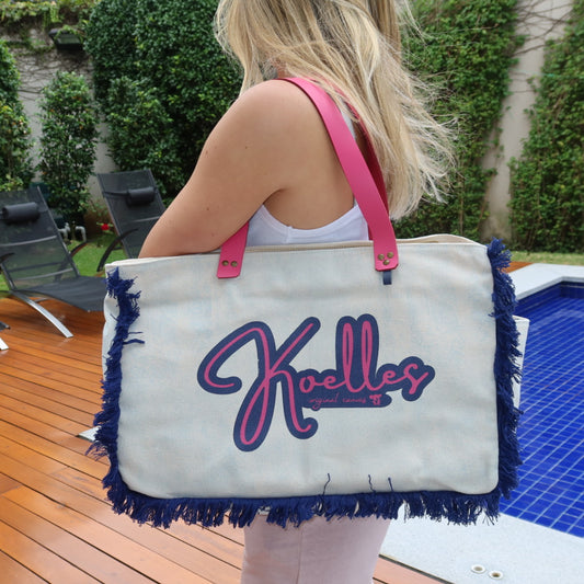 Bolsa Wallow Azul com Alça de Couro Rosa com Zíper