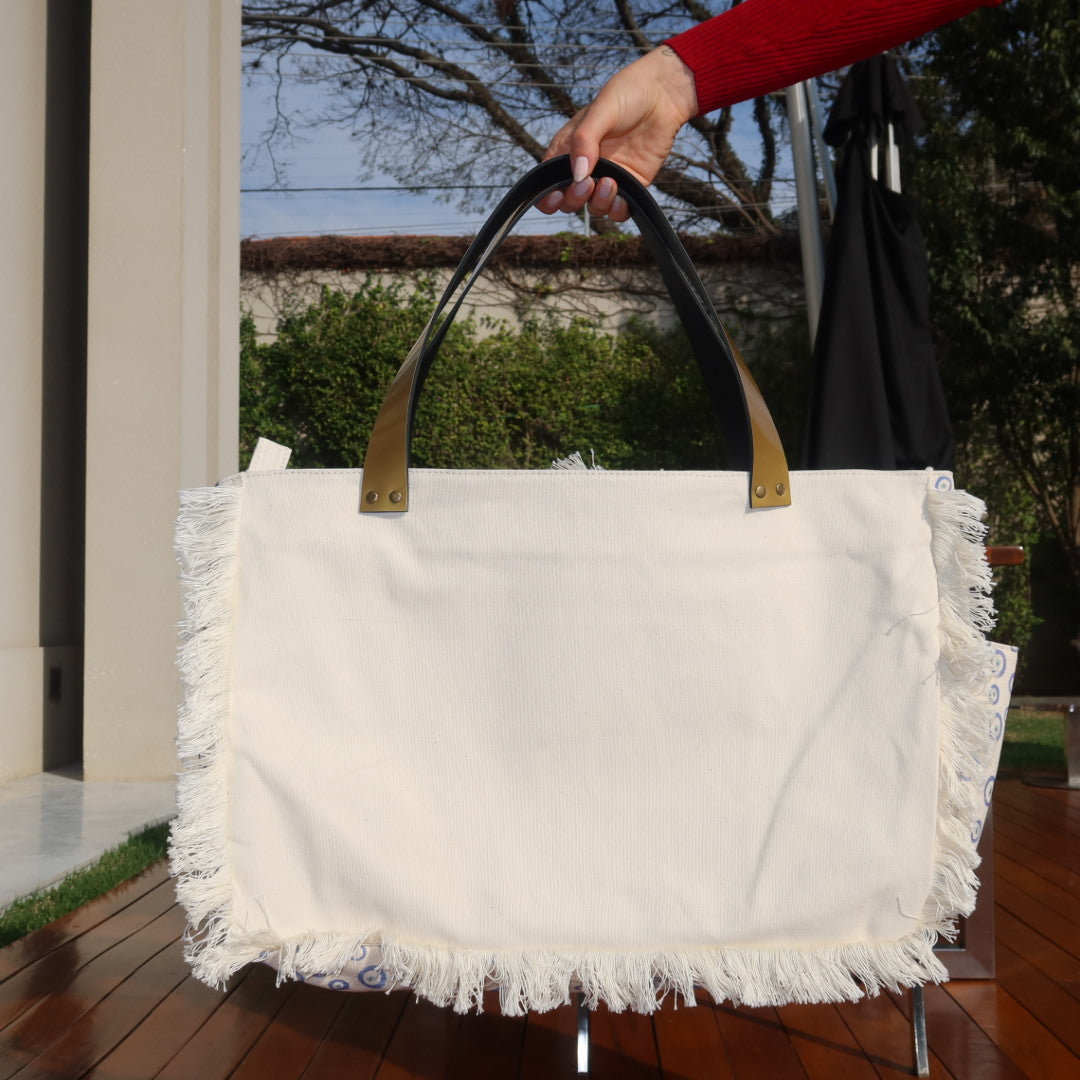 Bolsa Wallow Good Vibes Azul com Alça de Couro Dourado com Zíper