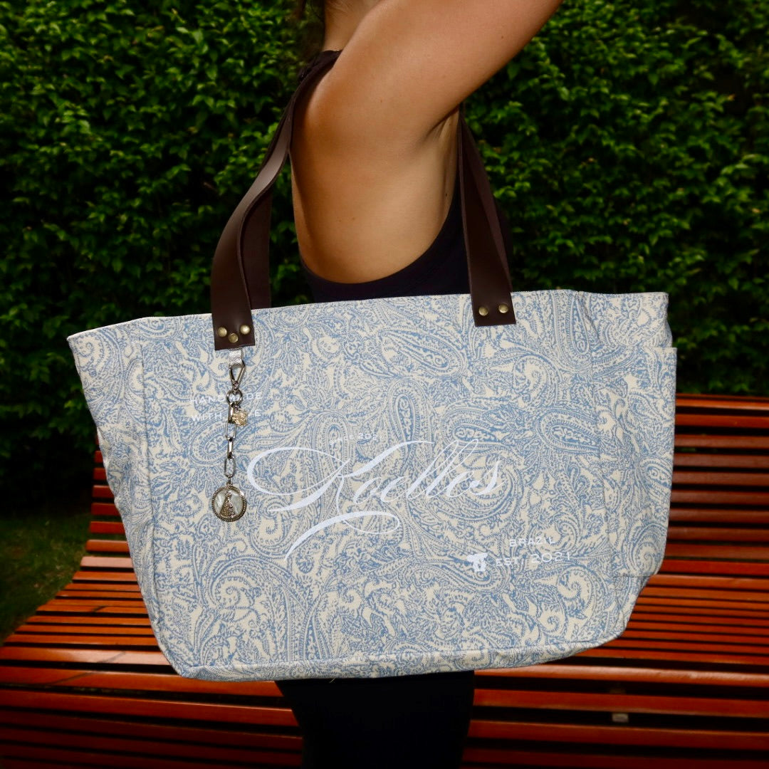 Bolsa Nuna Arabesque Azul com Alças de Couro Marrom Escuro