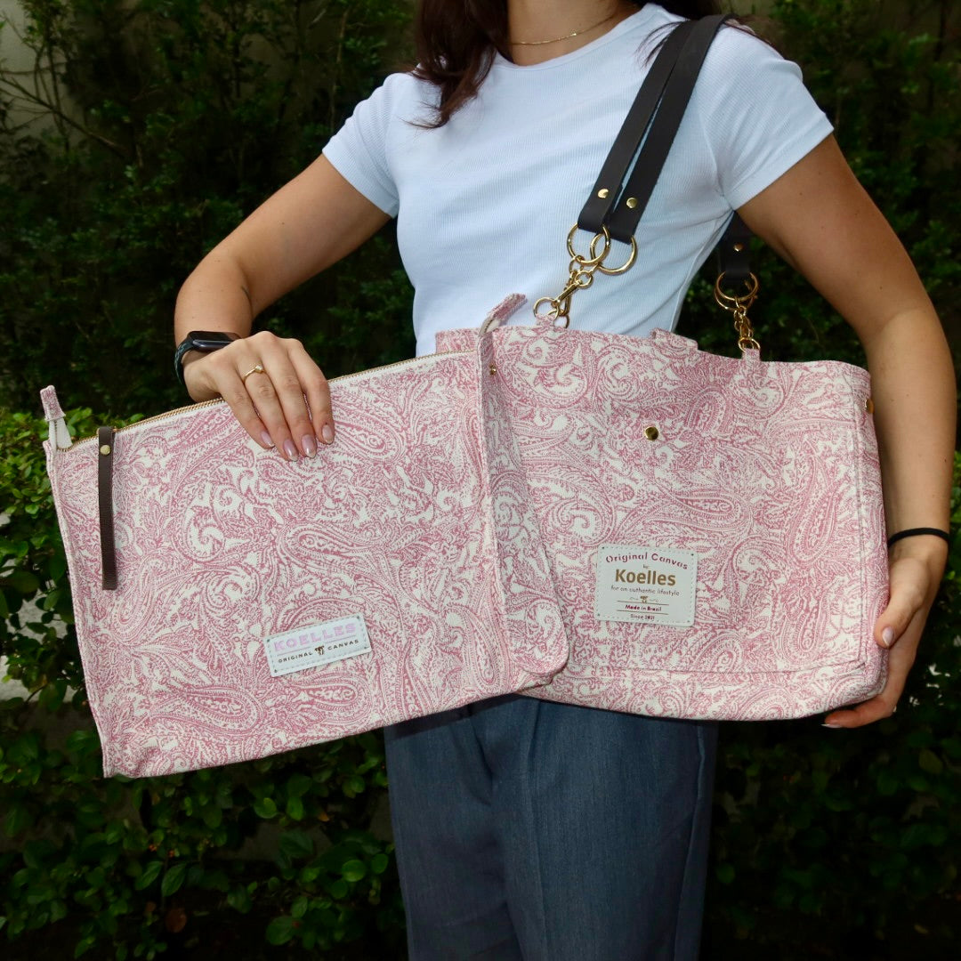 Bolsa Katrin Arabesque Rosa com Alças de Corrente e Couro Marrom Escuro