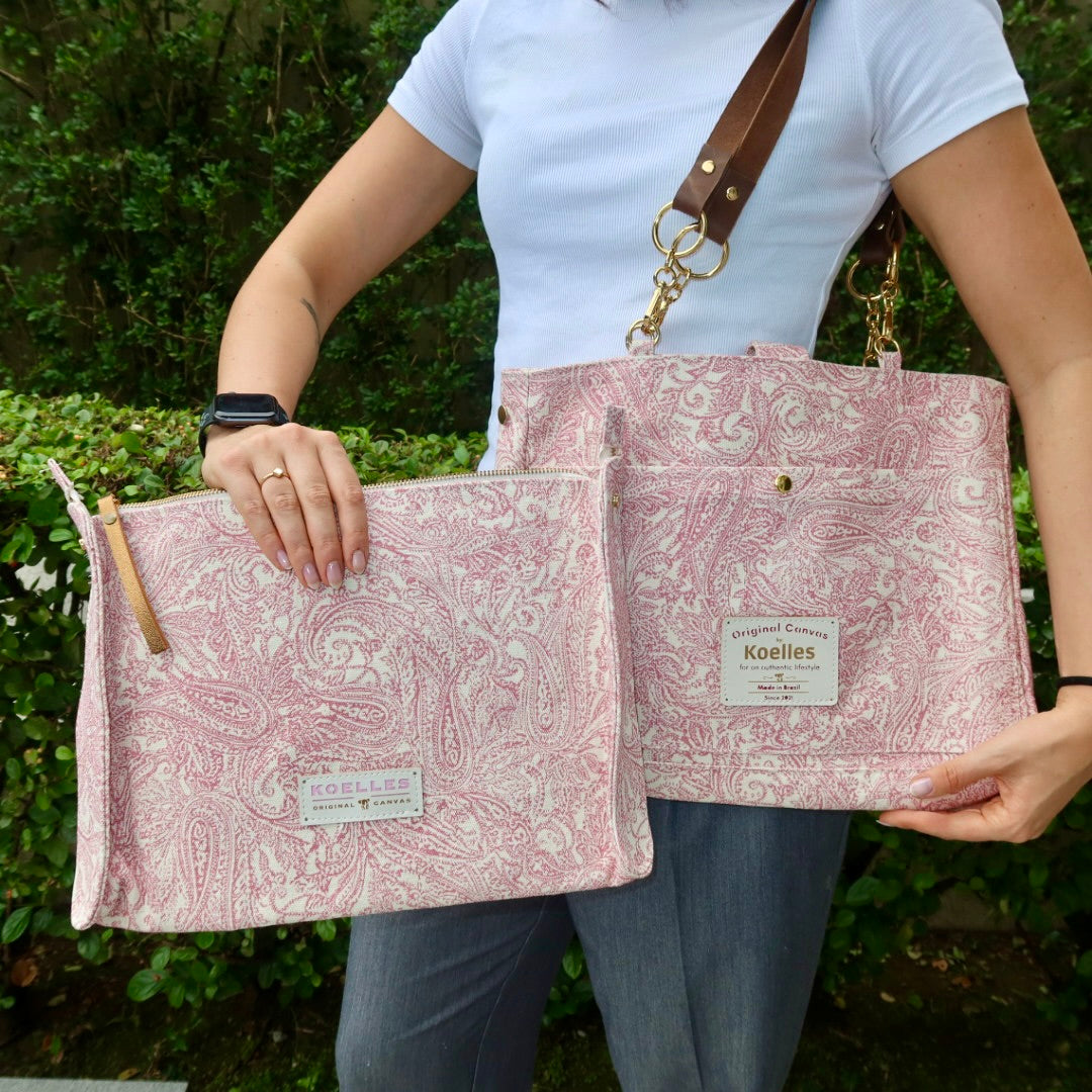 Bolsa Katrin Arabesque Rosa com Alças de Corrente e Couro Caramelo